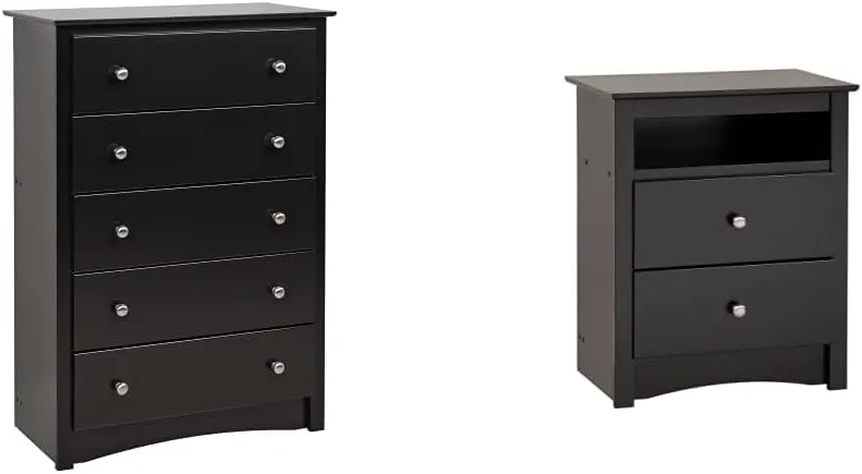 Prepac Sonoma 5-Drawer Chest and Tall Nightstand, Black