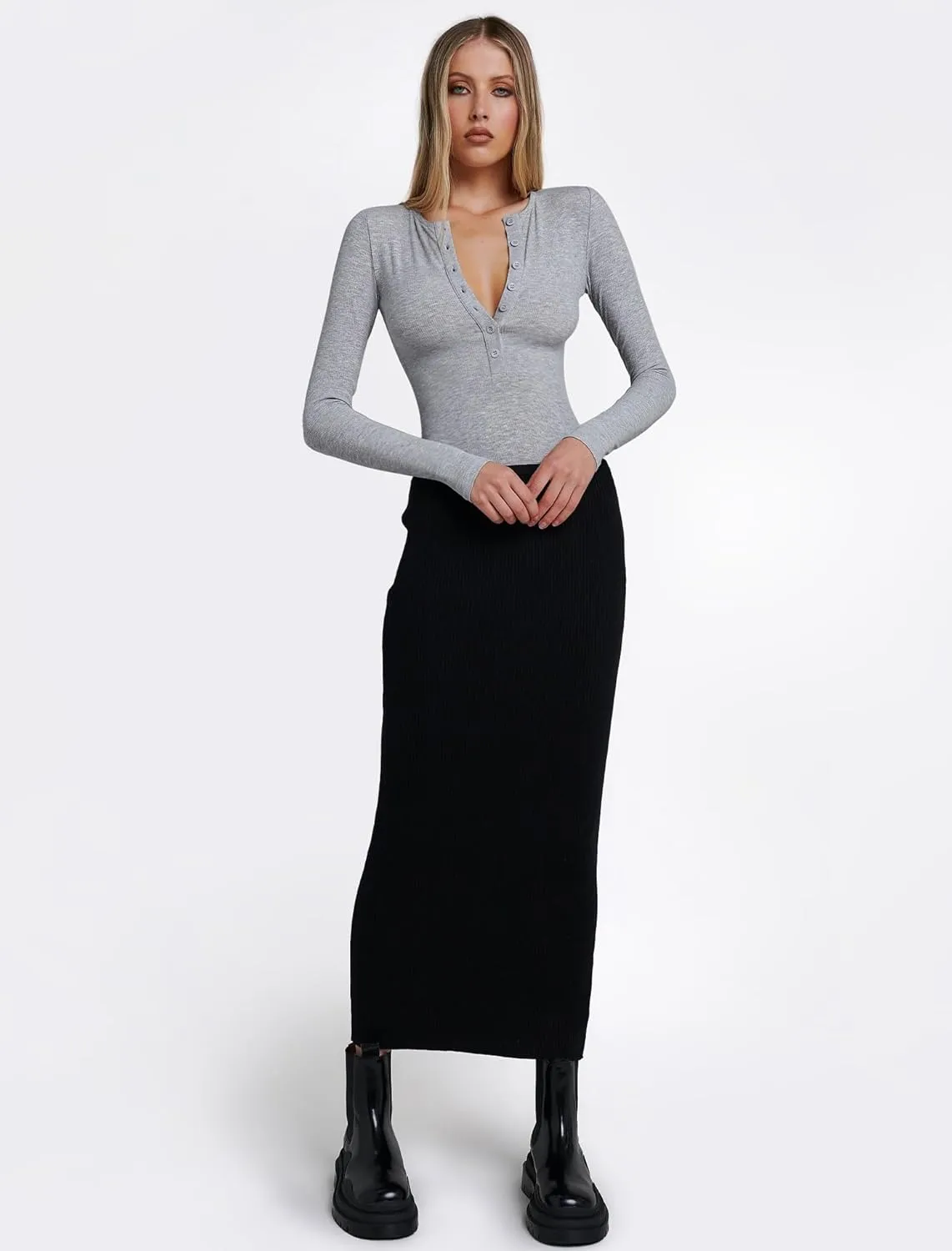 Prettywear Womens Long Sleeve Shirts 2025 Trendy Casual Henley Tops Slim Fitted Basic T-Shirts Fashion Outfits