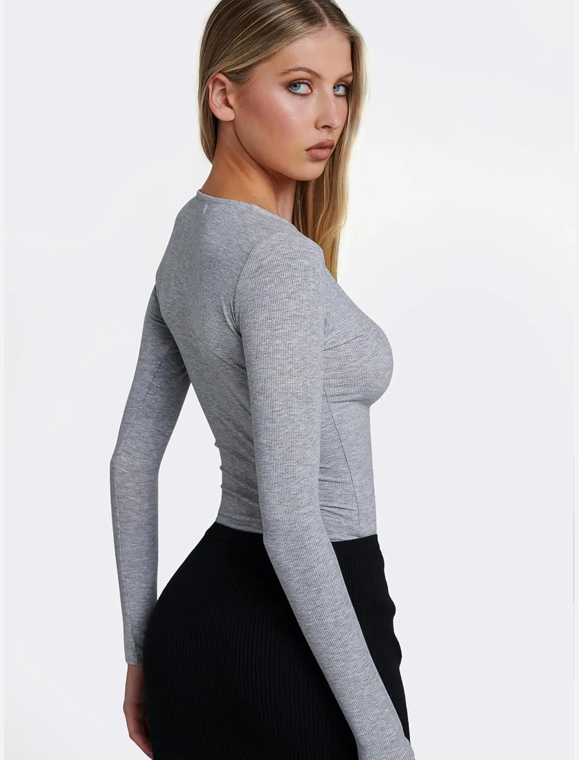 Prettywear Womens Long Sleeve Shirts 2025 Trendy Casual Henley Tops Slim Fitted Basic T-Shirts Fashion Outfits