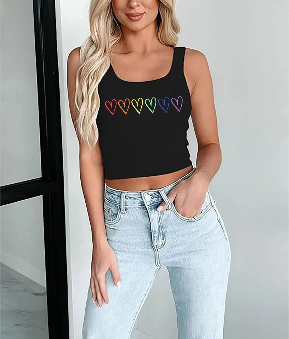 Pride Crop Tank Tops Women Cute Rainbow Hearts Graphic Tee Girls LGBT Gay Pride Crop Tops Casual Sleeveless Tshirt