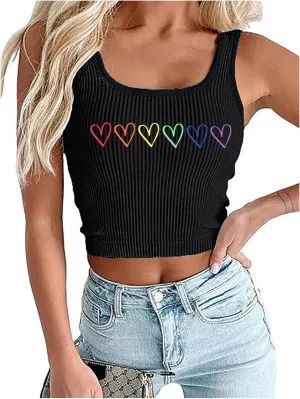 Pride Crop Tank Tops Women Cute Rainbow Hearts Graphic Tee Girls LGBT Gay Pride Crop Tops Casual Sleeveless Tshirt