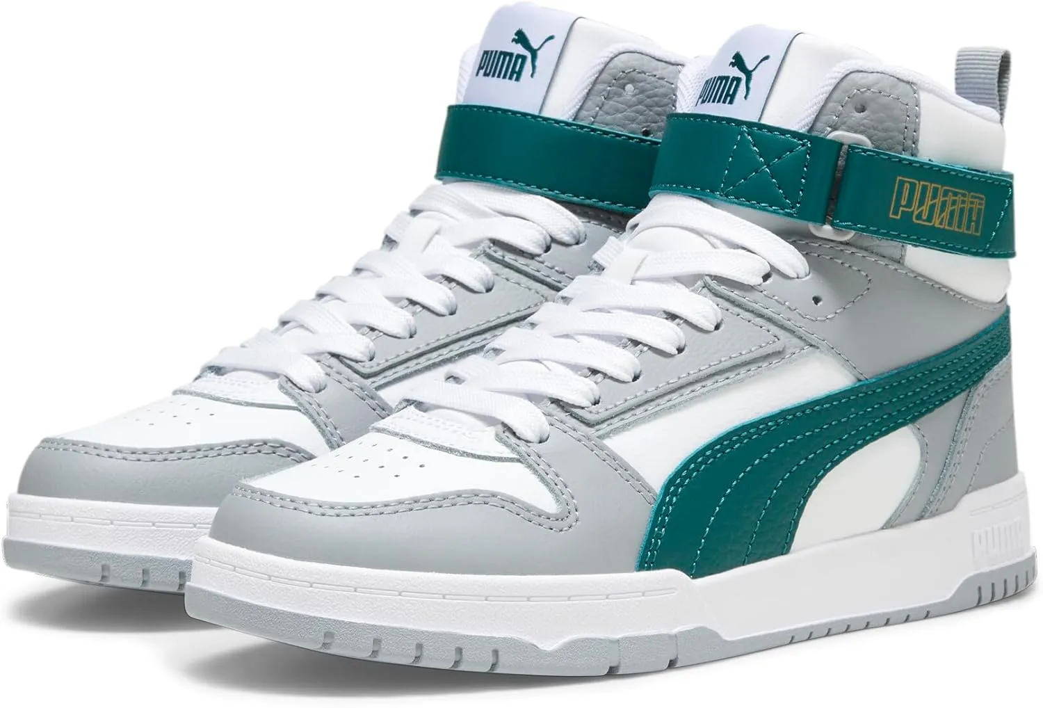 PUMA Unisex-Child Shoes RBD Game Sneaker, White-Malachite-Cool Mid Gray-Gold, 6.5 US Big Kid