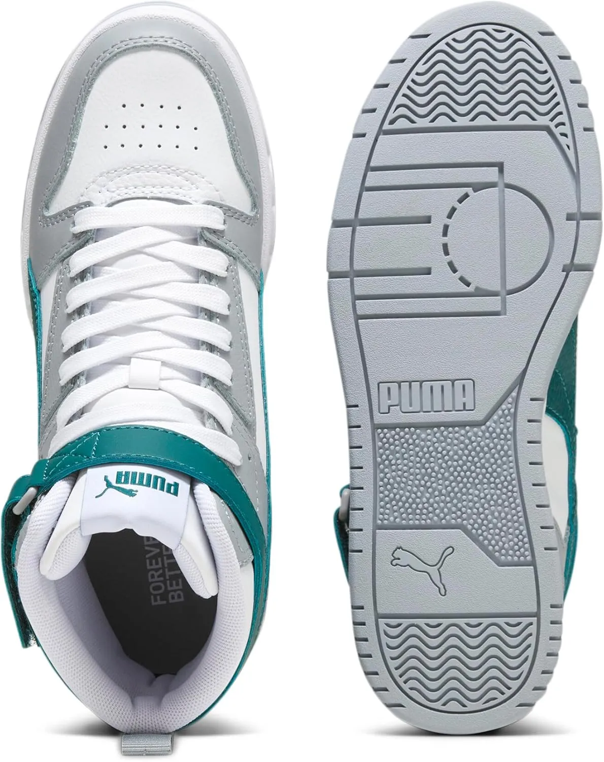 PUMA Unisex-Child Shoes RBD Game Sneaker, White-Malachite-Cool Mid Gray-Gold, 6.5 US Big Kid