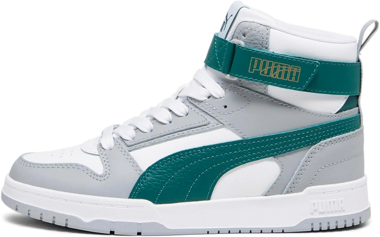 PUMA Unisex-Child Shoes RBD Game Sneaker, White-Malachite-Cool Mid Gray-Gold, 6.5 US Big Kid