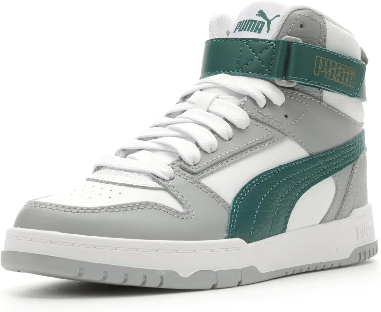 PUMA Unisex-Child Shoes RBD Game Sneaker, White-Malachite-Cool Mid Gray-Gold, 6.5 US Big Kid