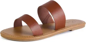 Putu Women's Two Strap Flat Sandals Casual Slide Sandals for Wide Feet
