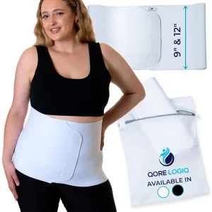 QORE LOGIQ Plus Size Abdominal Binder Post Surgery - C Section Belly Binder, Postpartum Belly Band, Adjustable 12" Compression Wrap for Stomach & Hernia Belt, White XL