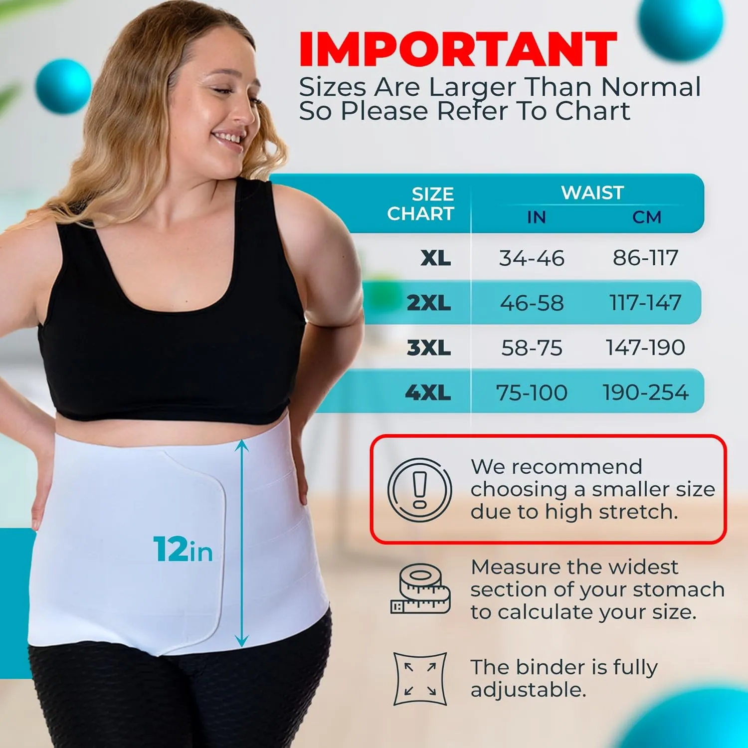 QORE LOGIQ Plus Size Abdominal Binder Post Surgery - C Section Belly Binder, Postpartum Belly Band, Adjustable 12" Compression Wrap for Stomach & Hernia Belt, White XL