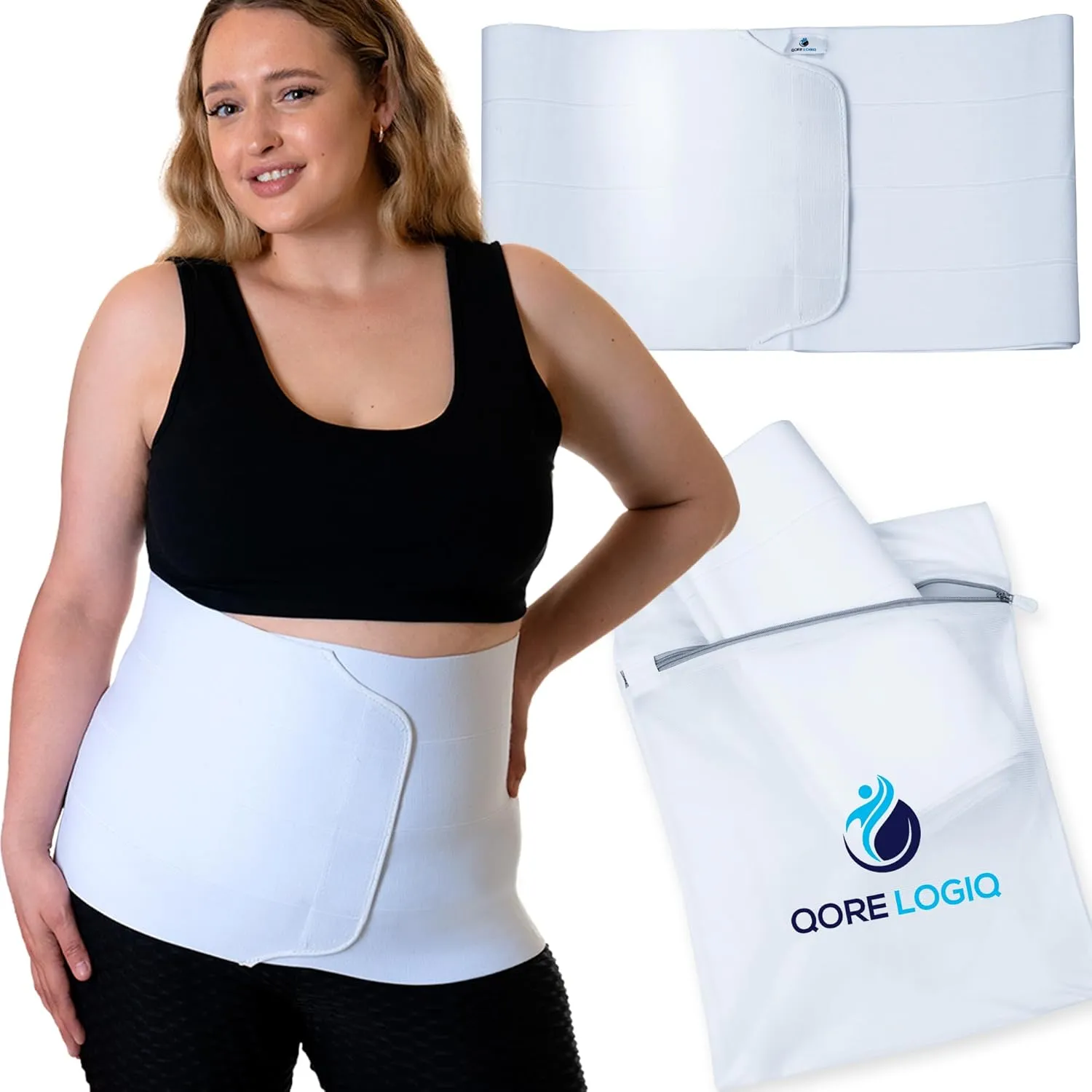 QORE LOGIQ Plus Size Abdominal Binder Post Surgery - C Section Belly Binder, Postpartum Belly Band, Adjustable 12" Compression Wrap for Stomach & Hernia Belt, White XL