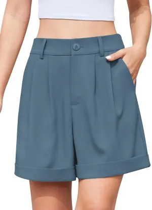 QUEZHU Women's Summer Dressy Casual Elastic Waist Wide Leg Suit Tailored Shorts Comfy Elagant Work Trouser Shorts
