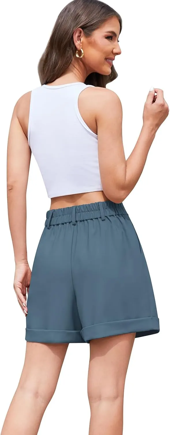 QUEZHU Women's Summer Dressy Casual Elastic Waist Wide Leg Suit Tailored Shorts Comfy Elagant Work Trouser Shorts