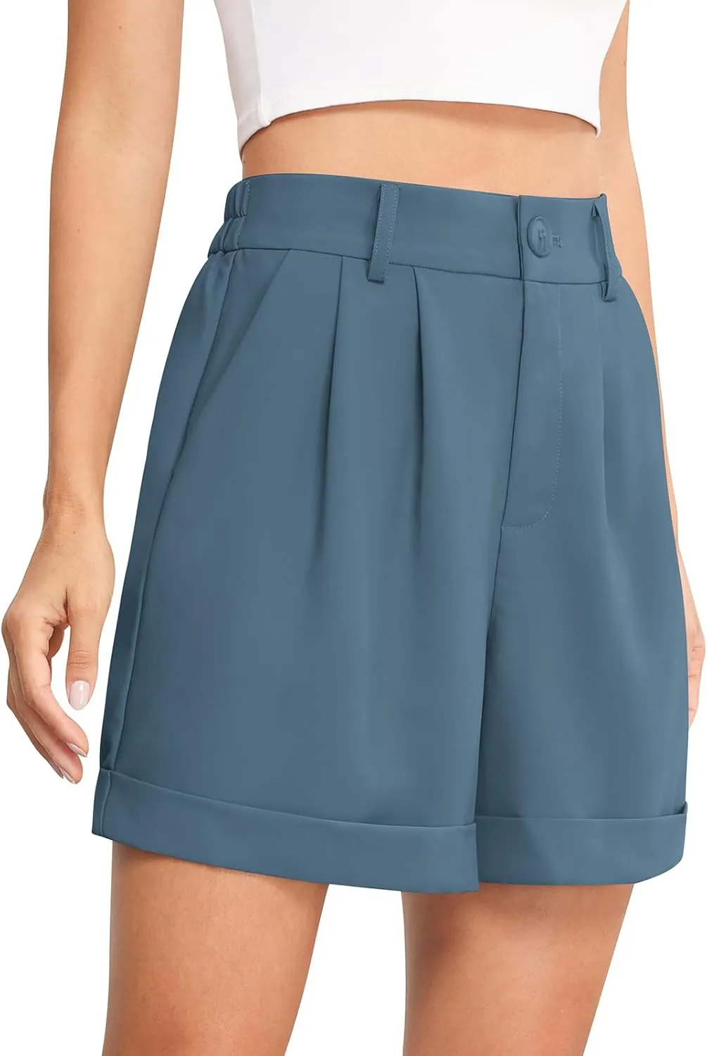 QUEZHU Women's Summer Dressy Casual Elastic Waist Wide Leg Suit Tailored Shorts Comfy Elagant Work Trouser Shorts
