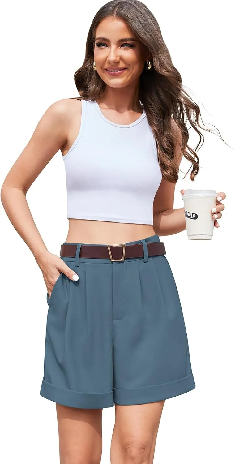 QUEZHU Women's Summer Dressy Casual Elastic Waist Wide Leg Suit Tailored Shorts Comfy Elagant Work Trouser Shorts