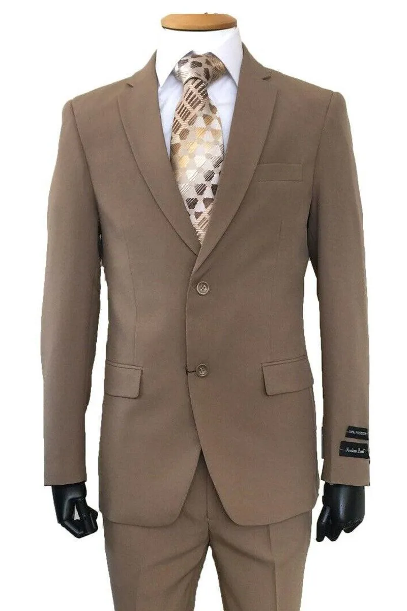 "Tan 2 Button Slim Fit Poplin Suit by Fortino Landi"