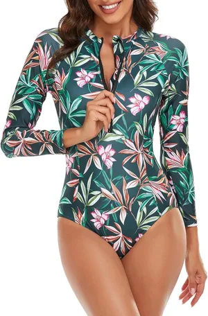 Rash Guard Long Sleeve One Piece Swimsuit for Women Zip Up Bathing Suits Sun Protection Swimwear with Built in Bra