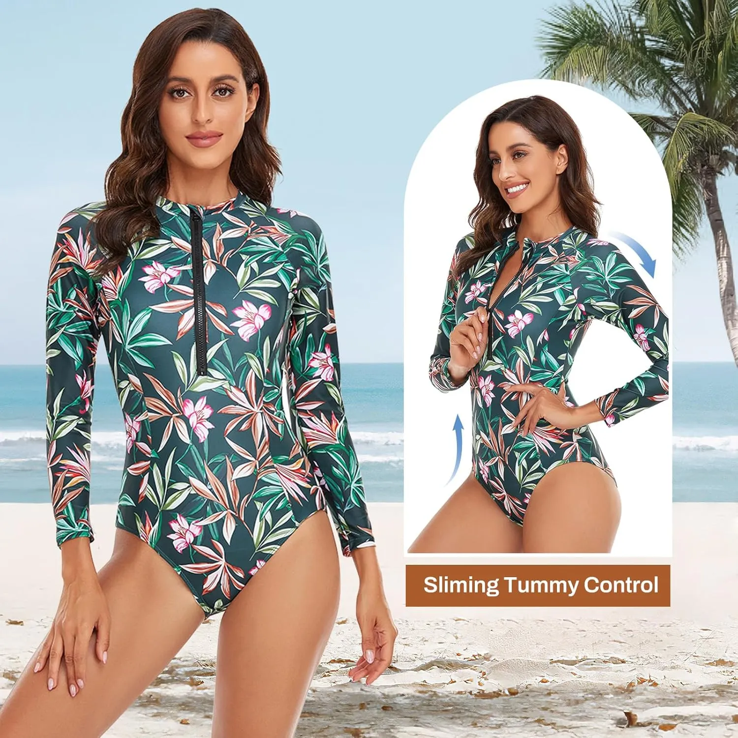 Rash Guard Long Sleeve One Piece Swimsuit for Women Zip Up Bathing Suits Sun Protection Swimwear with Built in Bra