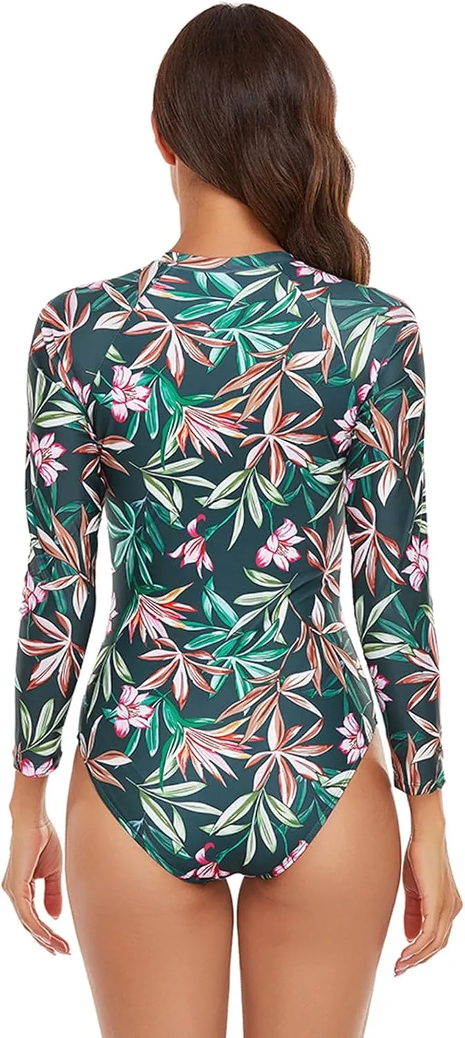 Rash Guard Long Sleeve One Piece Swimsuit for Women Zip Up Bathing Suits Sun Protection Swimwear with Built in Bra