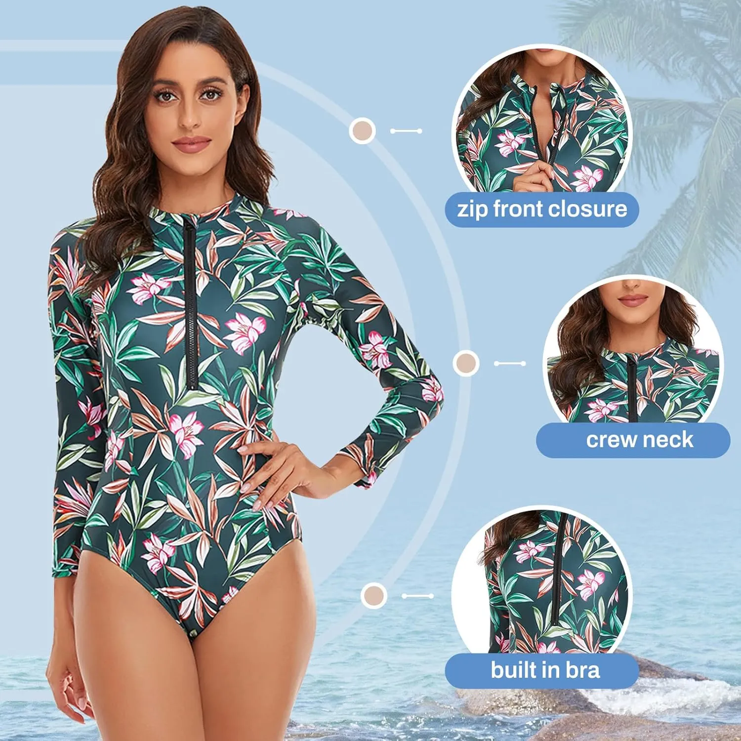 Rash Guard Long Sleeve One Piece Swimsuit for Women Zip Up Bathing Suits Sun Protection Swimwear with Built in Bra