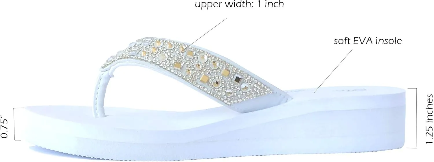 REDVOLUTION New Women's Rhinestone Sandals High | Low Platform T-Strap Jewel Sandals High Wedge Flip Flops