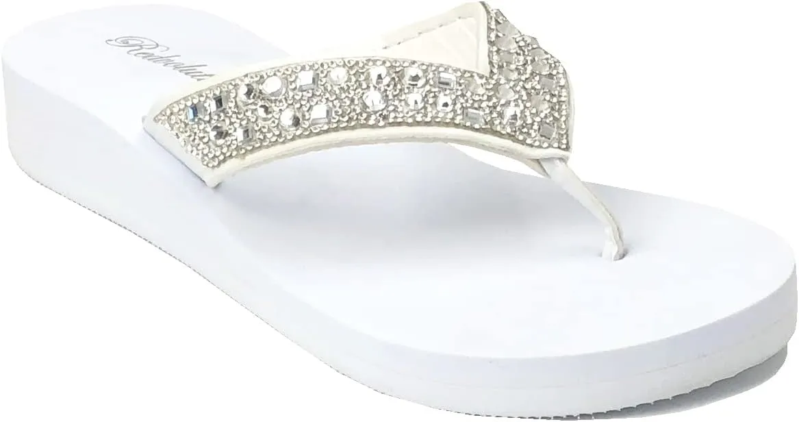 REDVOLUTION New Women's Rhinestone Sandals High | Low Platform T-Strap Jewel Sandals High Wedge Flip Flops