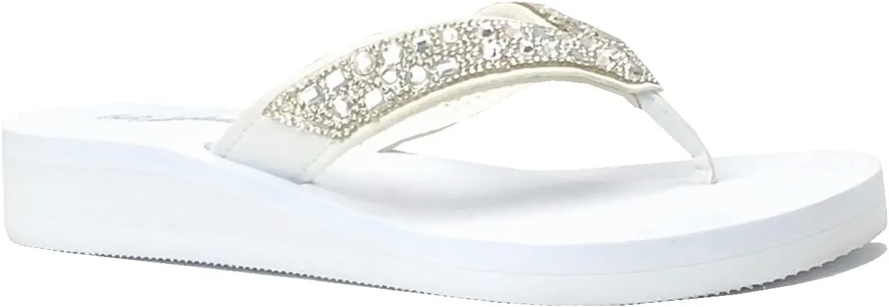 REDVOLUTION New Women's Rhinestone Sandals High | Low Platform T-Strap Jewel Sandals High Wedge Flip Flops