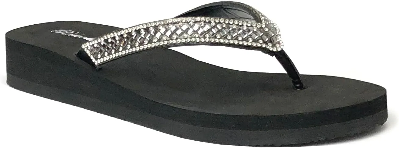 REDVOLUTION New Women's Rhinestone Sandals Platform T-Strap Jewel Sandals High Wedge Flip Flops