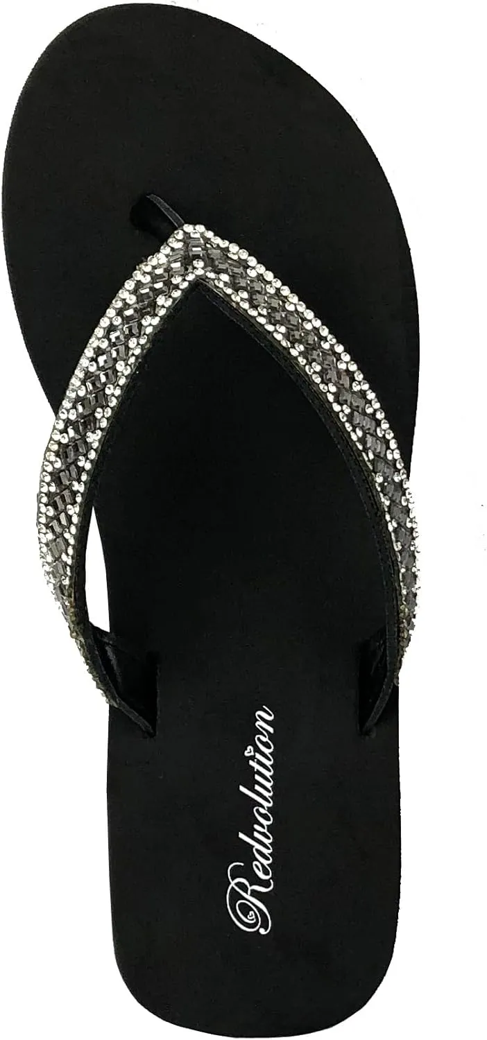REDVOLUTION New Women's Rhinestone Sandals Platform T-Strap Jewel Sandals High Wedge Flip Flops