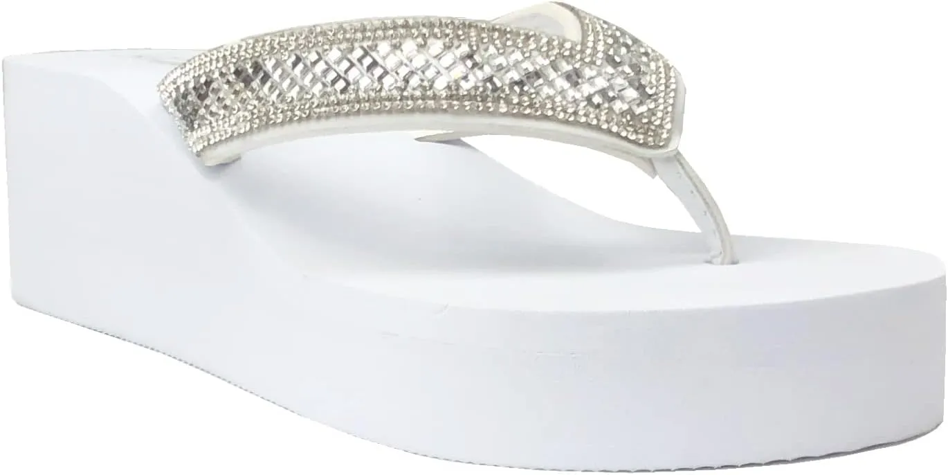 REDVOLUTION New Women's Rhinestone Sandals Platform T-Strap Jewel Sandals High Wedge Flip Flops