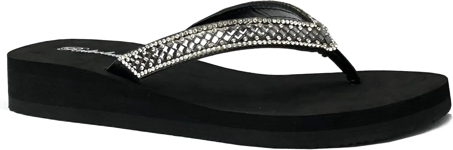 REDVOLUTION New Women's Rhinestone Sandals Platform T-Strap Jewel Sandals High Wedge Flip Flops
