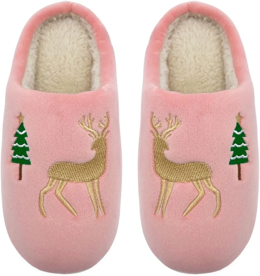 Reindeer Slippers for Women & Men - Memory Foam, Fuzzy Indoor Comfy Holiday & Slippers