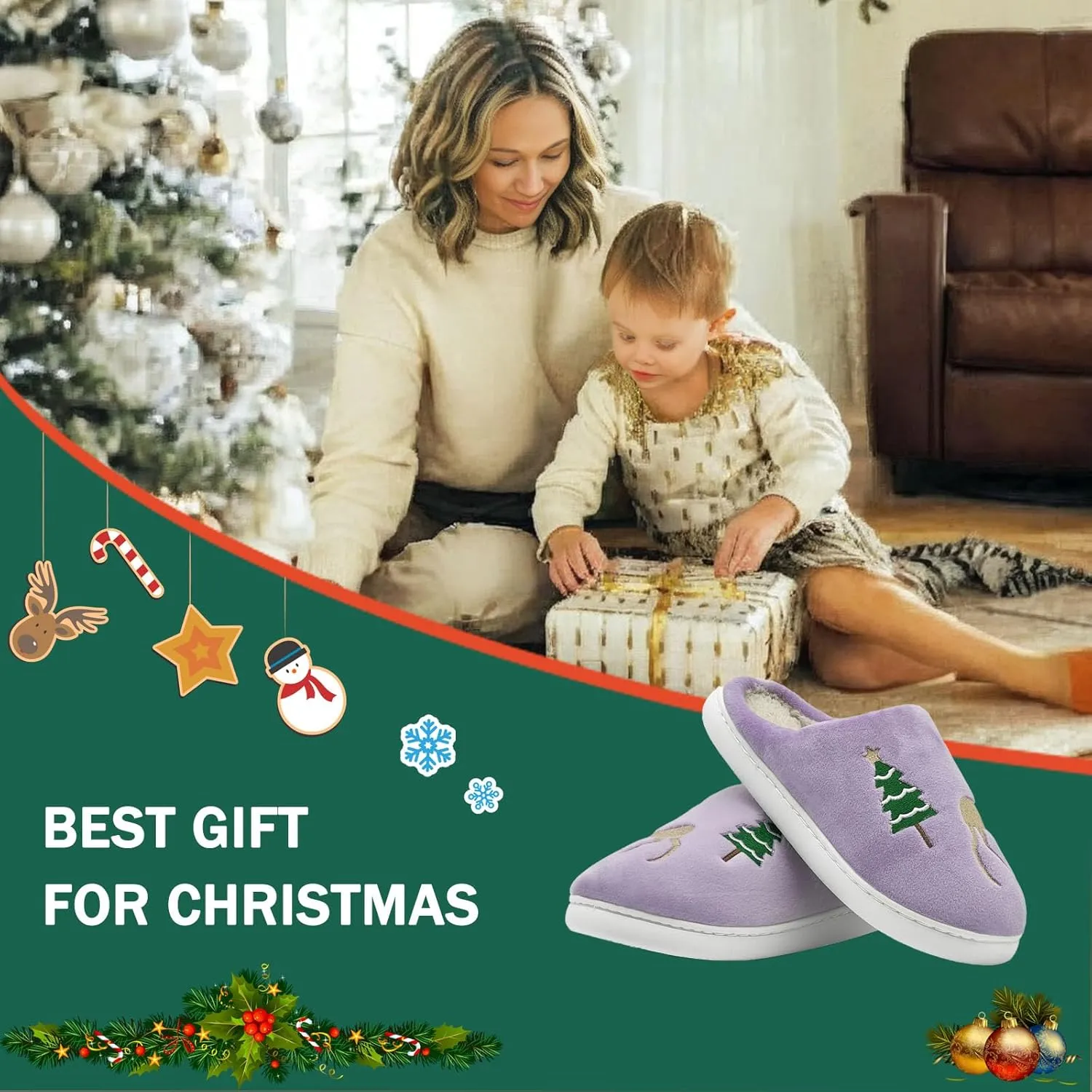 Reindeer Slippers for Women & Men - Memory Foam, Fuzzy Indoor Comfy Holiday & Slippers