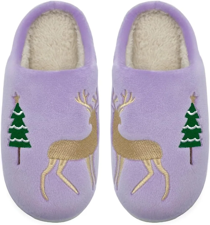 Reindeer Slippers for Women & Men - Memory Foam, Fuzzy Indoor Comfy Holiday & Slippers