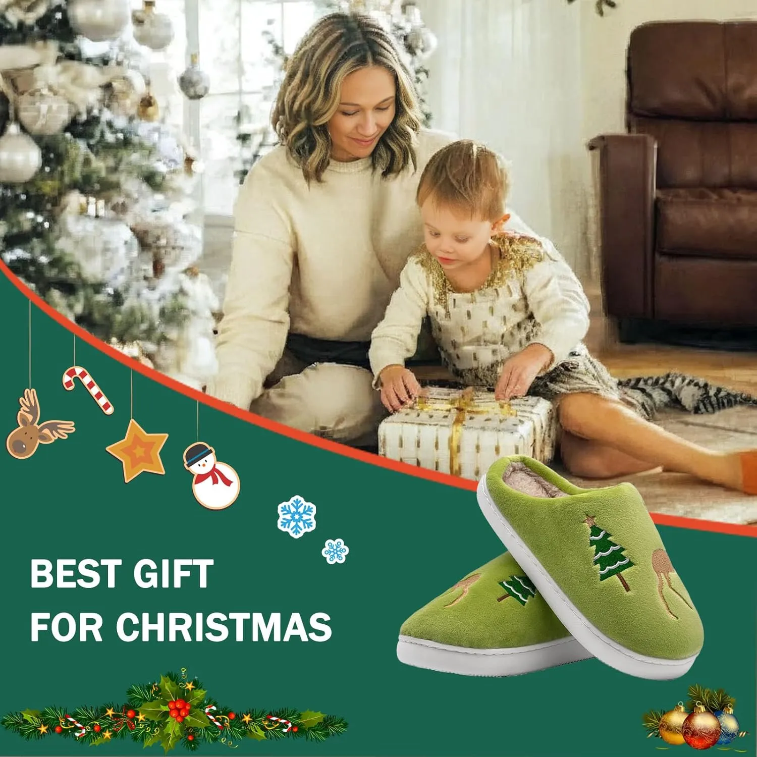 Reindeer Slippers for Women & Men - Memory Foam, Fuzzy Indoor Comfy Holiday & Slippers