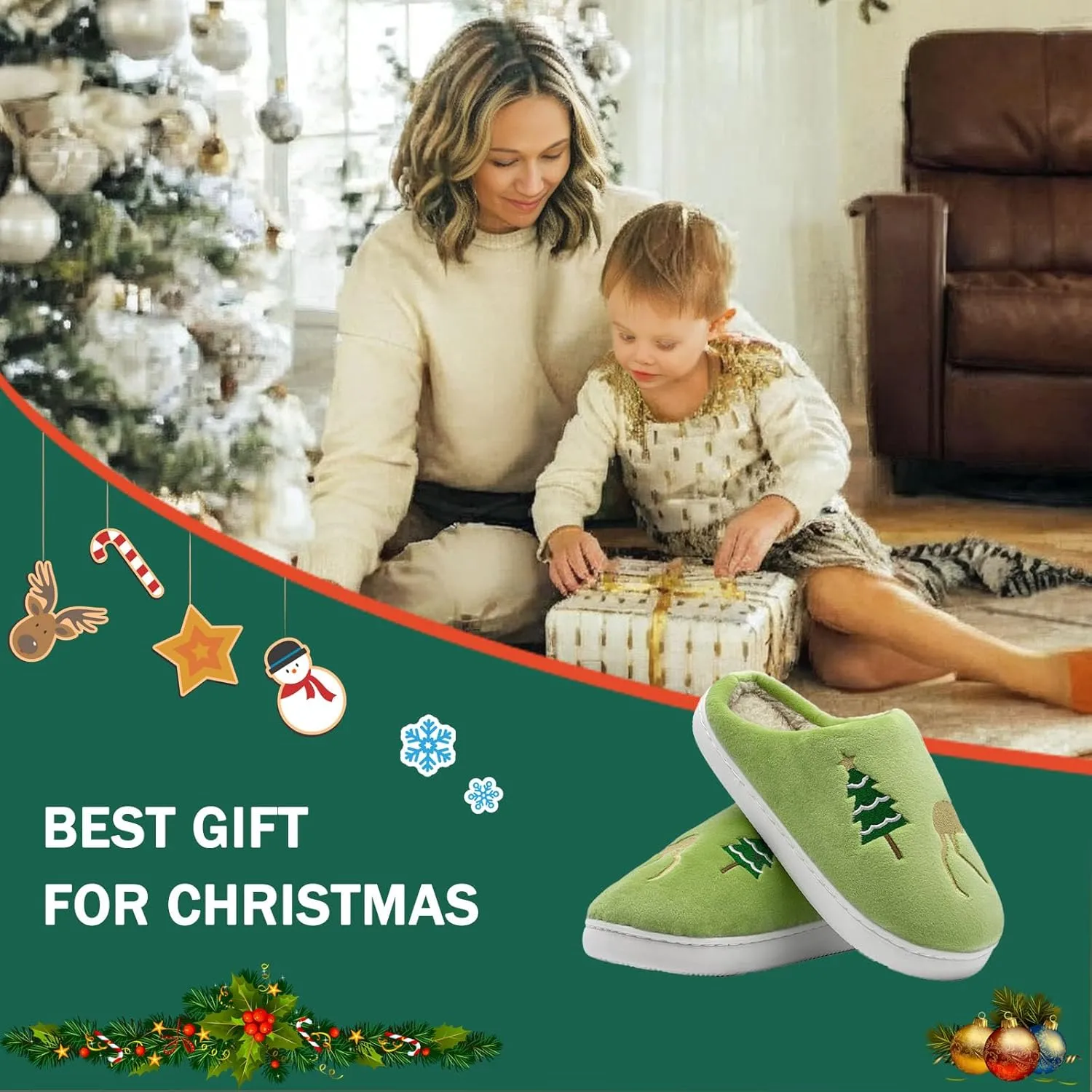 Reindeer Slippers for Women & Men - Memory Foam, Fuzzy Indoor Comfy Holiday & Slippers