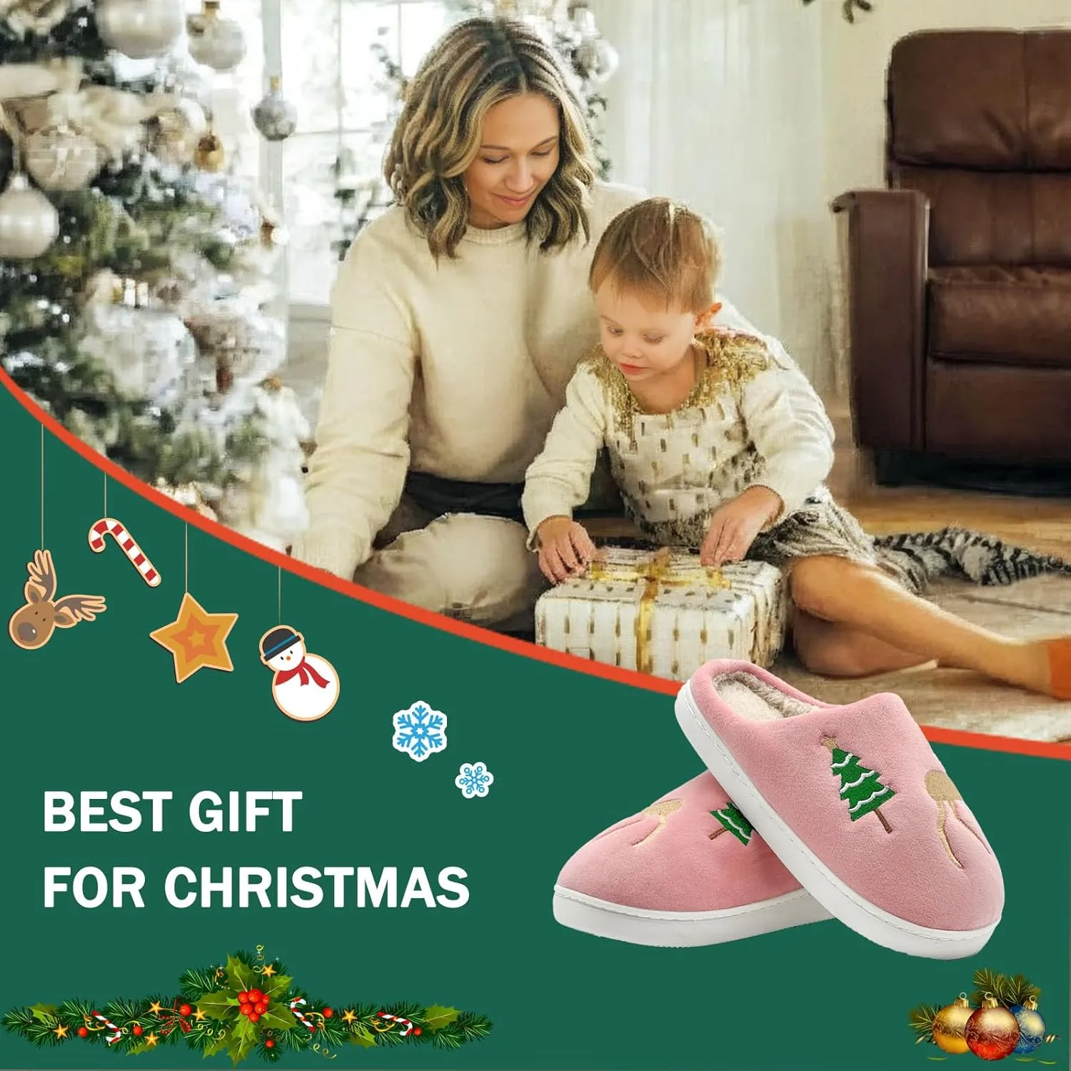 Reindeer Slippers for Women & Men - Memory Foam, Fuzzy Indoor Comfy Holiday & Slippers