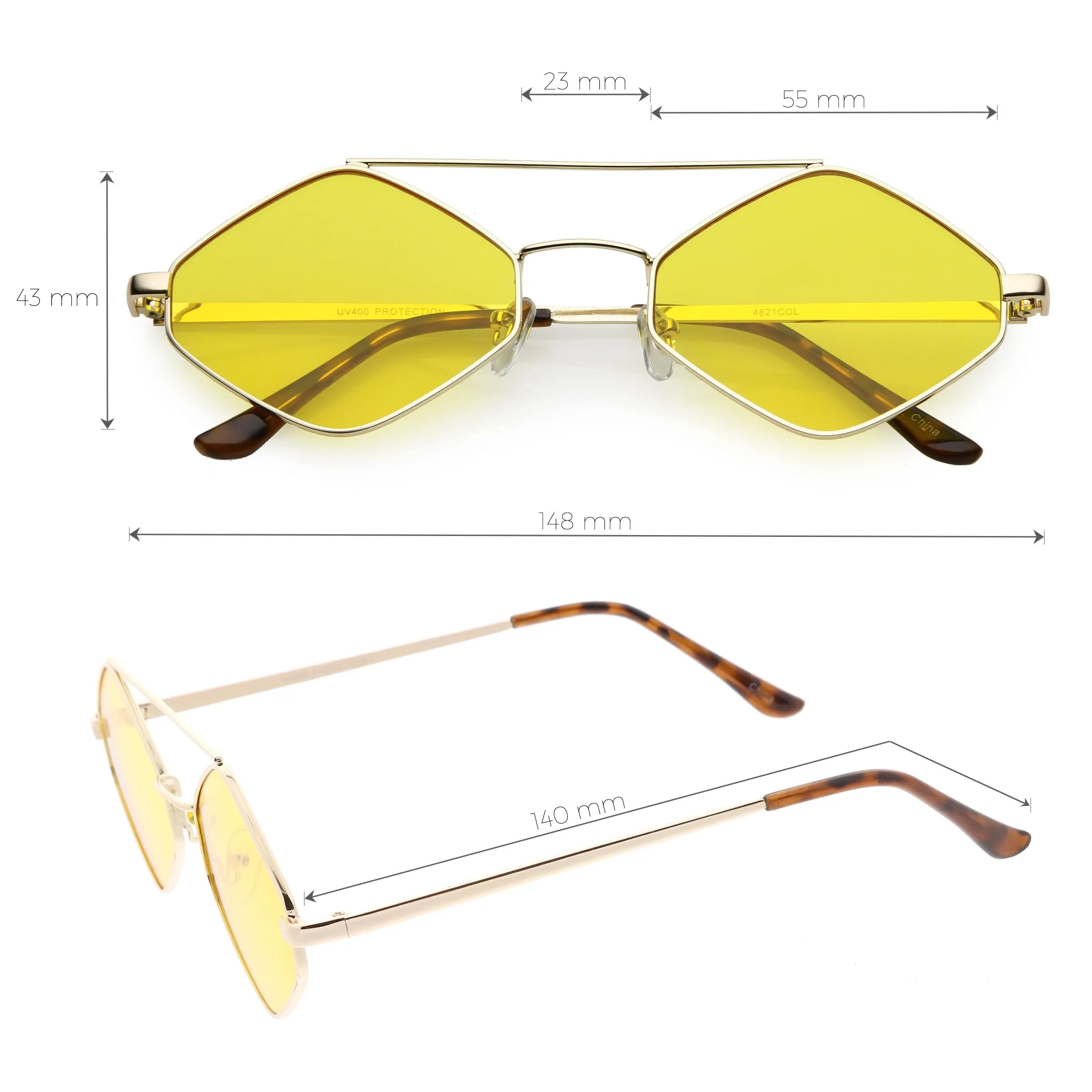 Retro Hexagon Diamond Shaped Color Toned Flat Lens Sunglasses C754