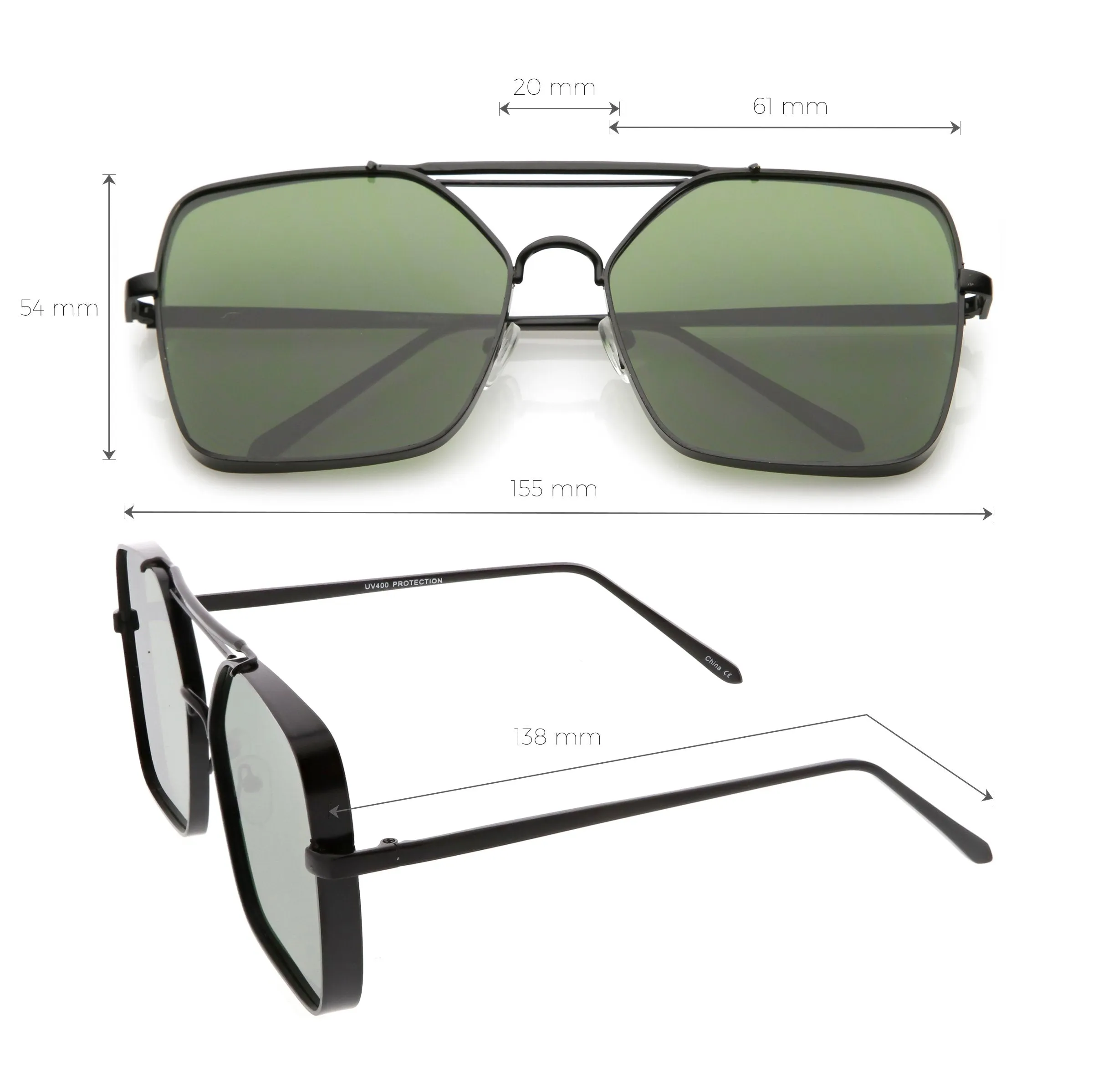 Retro Modern Square Reinforced Metal Flat Lens Aviator Sunglasses C161
