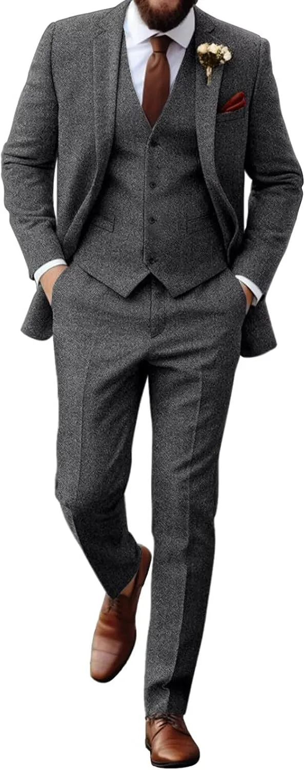 Retro Tweed Herringbone Suit for Men Slim Fit 3 Pieces Mens Suit Groom Dress Tuxedos Prom Suit Jacket Vest Pants