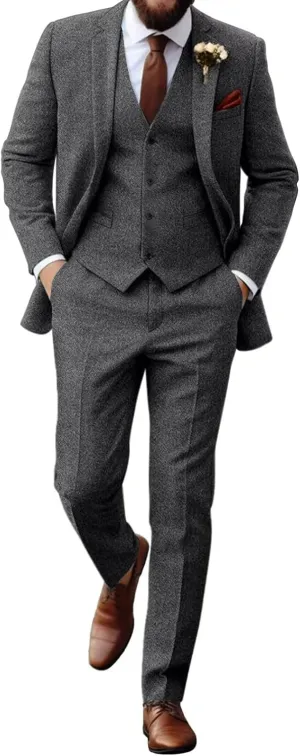 Retro Tweed Herringbone Suit for Men Slim Fit 3 Pieces Mens Suit Groom Dress Tuxedos Prom Suit Jacket Vest Pants