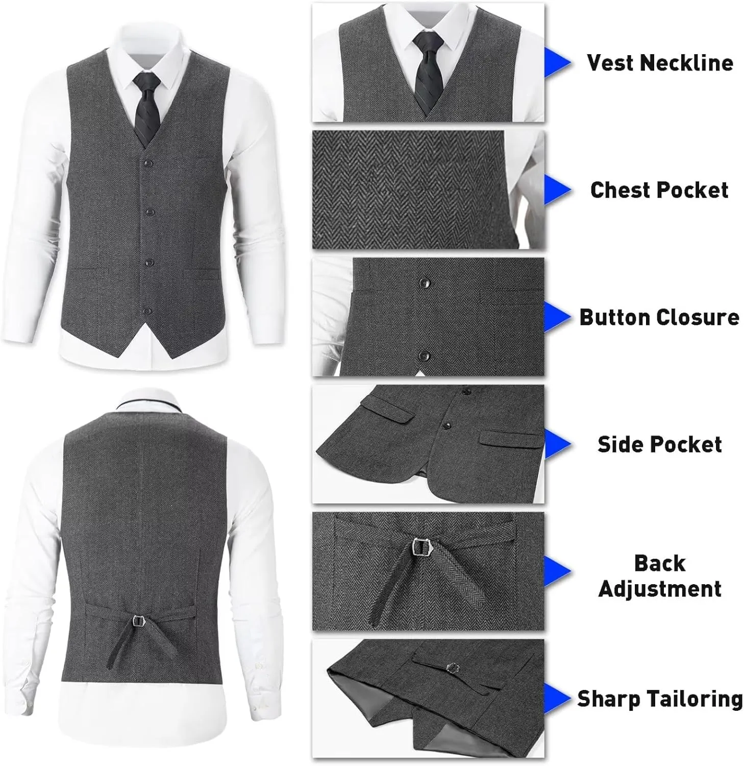Retro Tweed Herringbone Suit for Men Slim Fit 3 Pieces Mens Suit Groom Dress Tuxedos Prom Suit Jacket Vest Pants