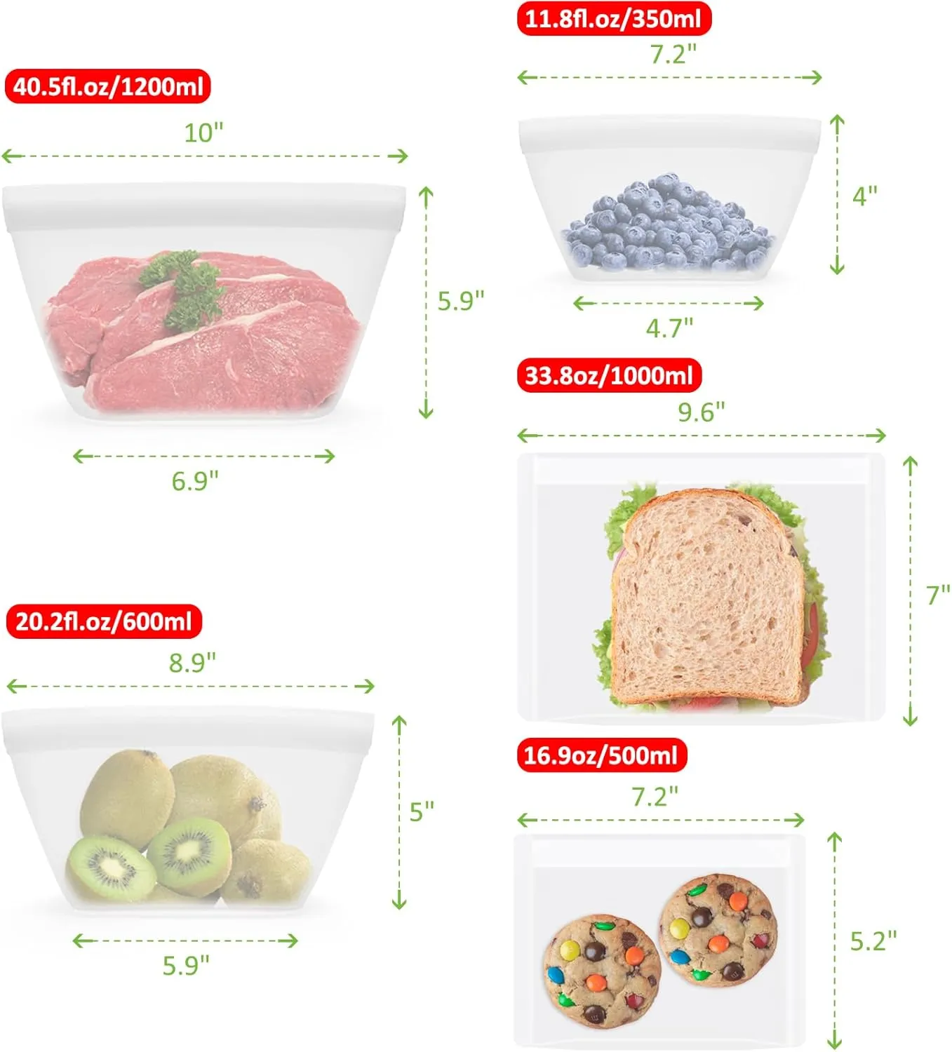 Reusable Silicone Food Storage Bags - 100% Food Grade BPA-Free, Freezer/Microwave/Dishwasher Safe | Stand-Up Zip Closure, Leakproof Eco-Friendly Meal Prep Containers (3 Pack Stand-up & 2 Pack Flat)