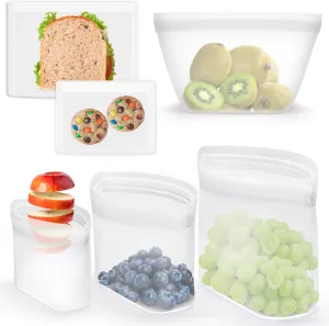 Reusable Silicone Food Storage Bags - 100% Food Grade BPA-Free, Freezer/Microwave/Dishwasher Safe | Stand-Up Zip Closure, Leakproof Eco-Friendly Meal Prep Containers (3 Pack Stand-up & 2 Pack Flat)