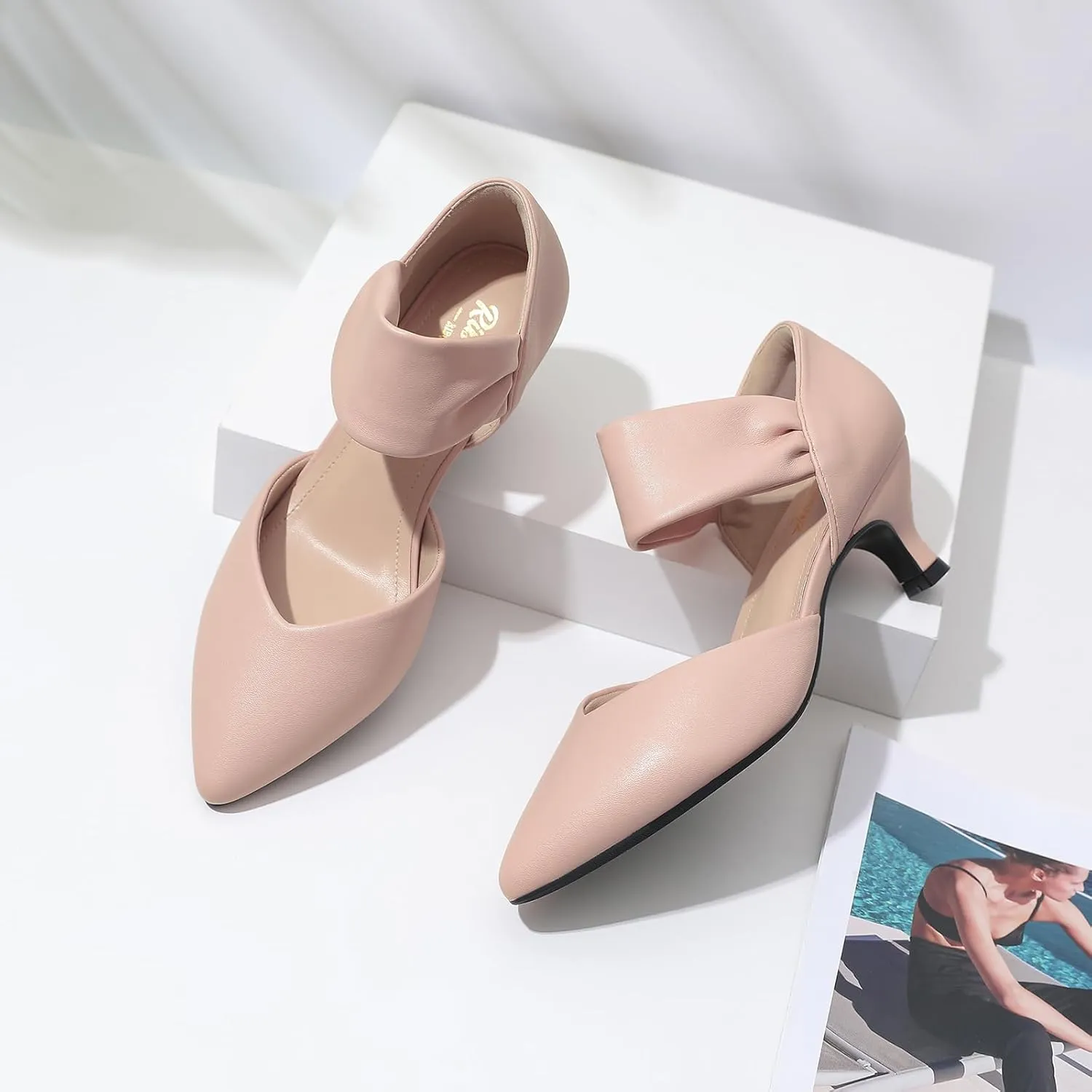 RIBONGZ Kitten Heels for Women Closed Toe Comfortable Low Heels Pointed Toe Sexy Slip on Pumps Bridal Party Dressy Shoes