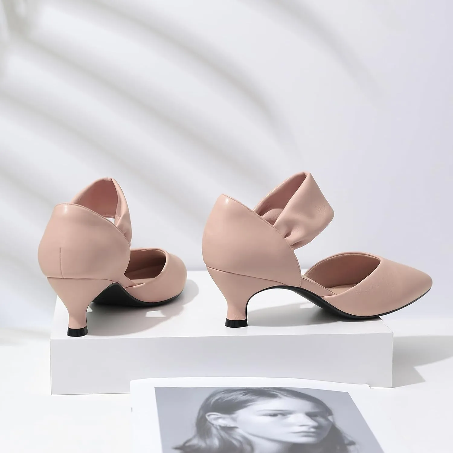 RIBONGZ Kitten Heels for Women Closed Toe Comfortable Low Heels Pointed Toe Sexy Slip on Pumps Bridal Party Dressy Shoes