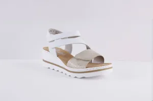 RIEKER - 67454-80 LOW WEDGE DOUBLE VELCRO STRAP SANDAL - GOLD/WHITE