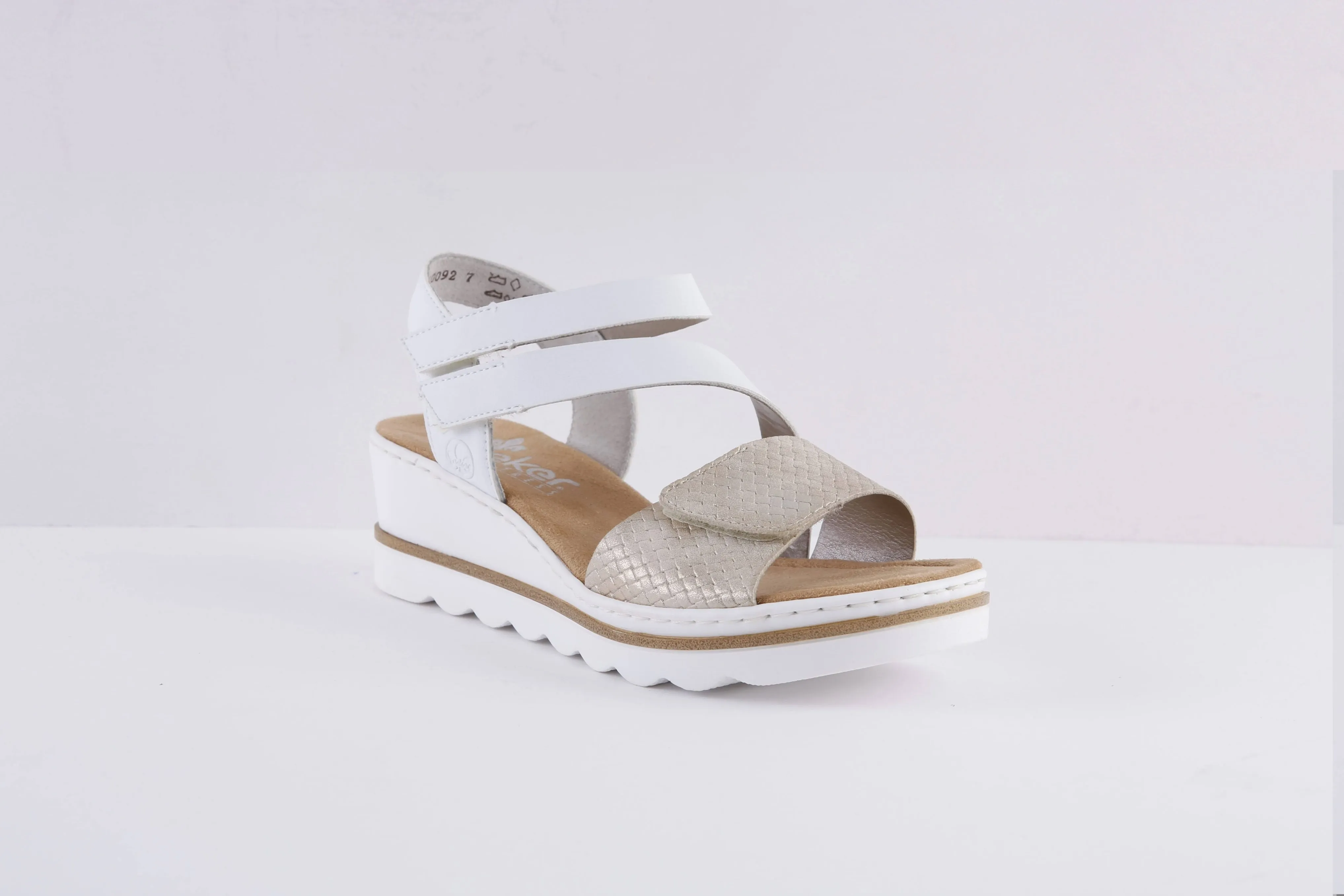 RIEKER - 67454-80 LOW WEDGE DOUBLE VELCRO STRAP SANDAL - GOLD/WHITE