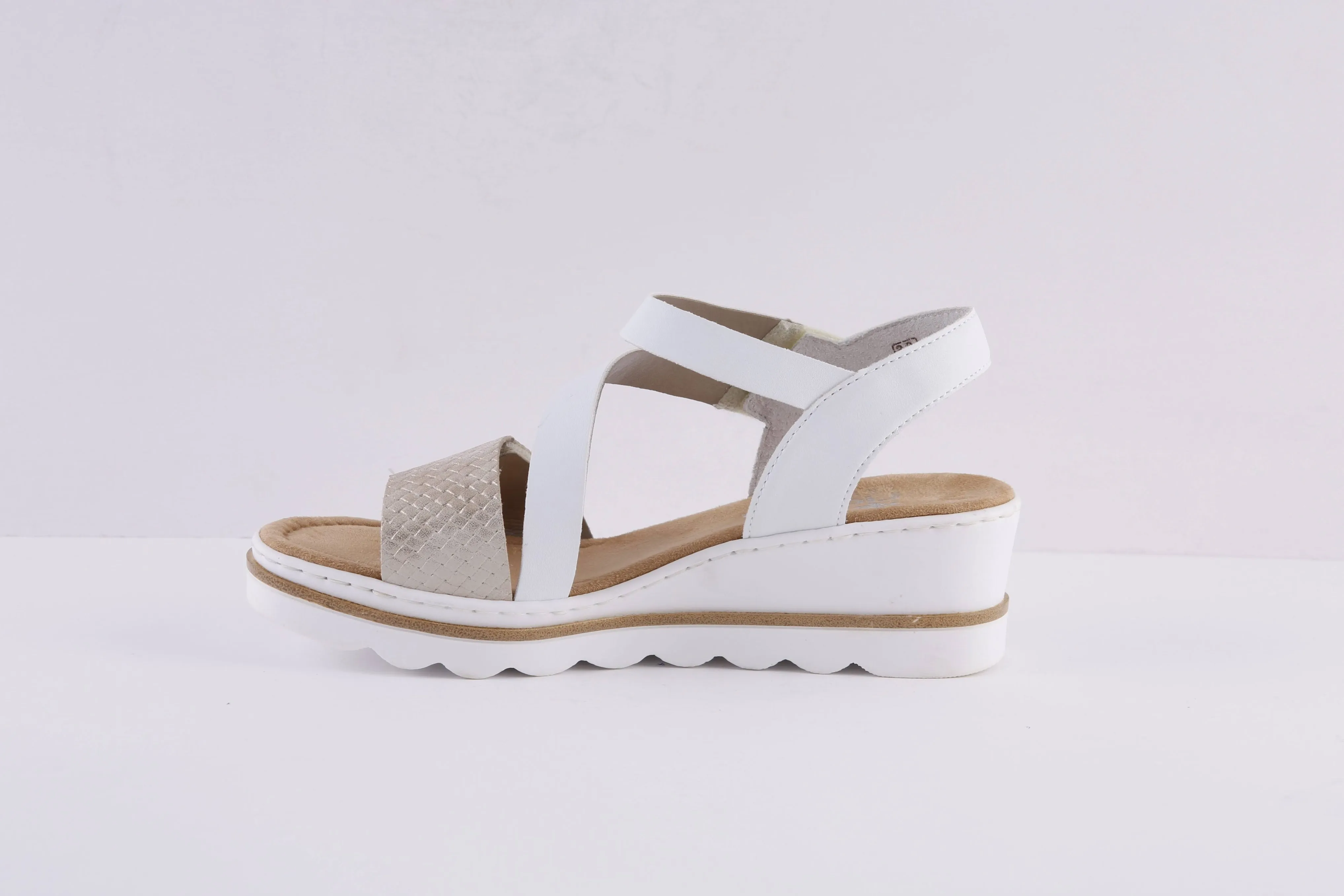 RIEKER - 67454-80 LOW WEDGE DOUBLE VELCRO STRAP SANDAL - GOLD/WHITE