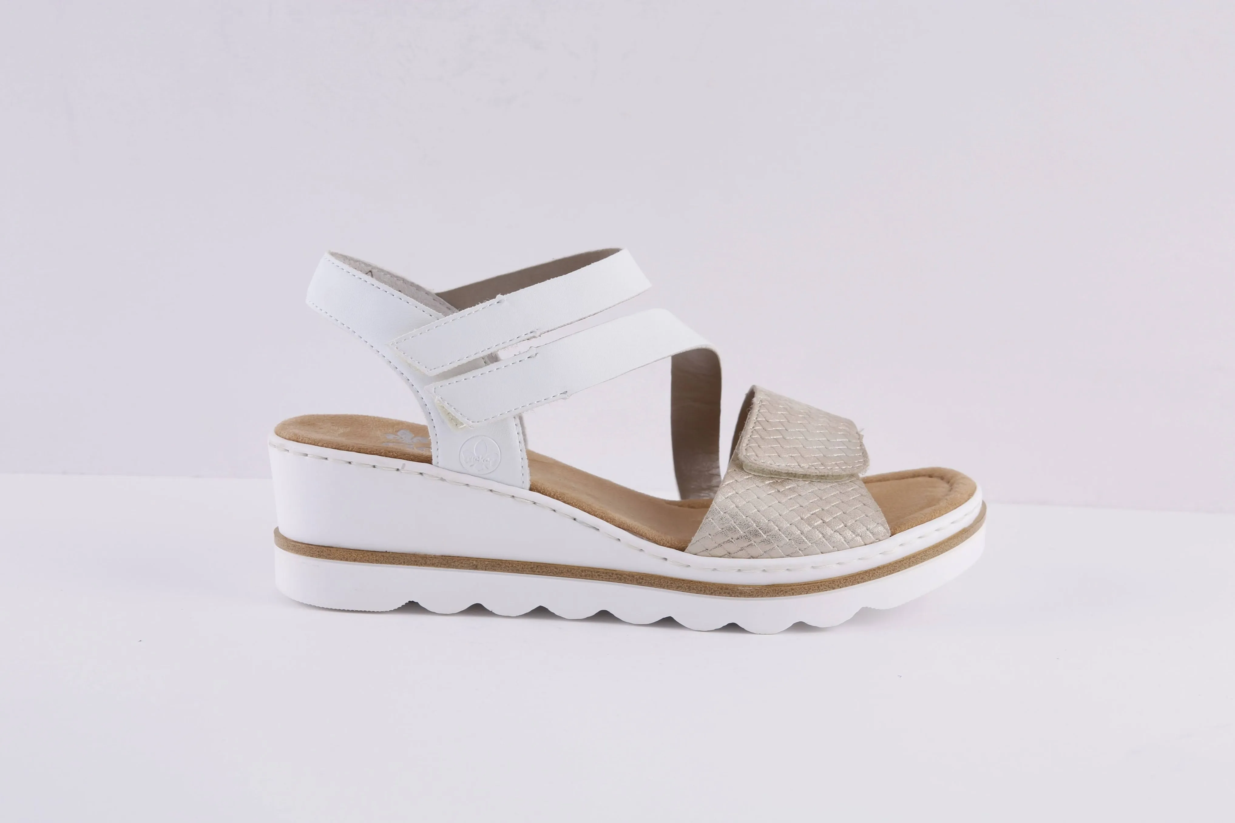RIEKER - 67454-80 LOW WEDGE DOUBLE VELCRO STRAP SANDAL - GOLD/WHITE