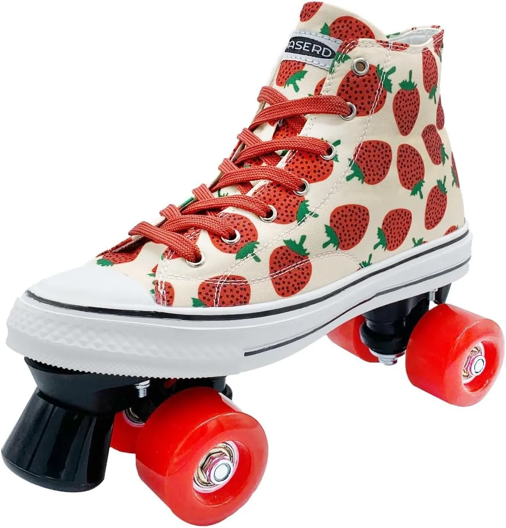 Roller Skates for Women with Bags- Adjustable Double Row Canvas Roller Skates for Girls Strawberry and Pineapple Themed Design- Quad Wheel High Top Canvas Sneaker Style