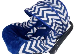 Rosy Kids Infant Carseat Canopy Cover 3pc Whole Caboodle, Baby Car Seat Cover Outdoor Kit, Cotton Chevron Print, Navy Blue